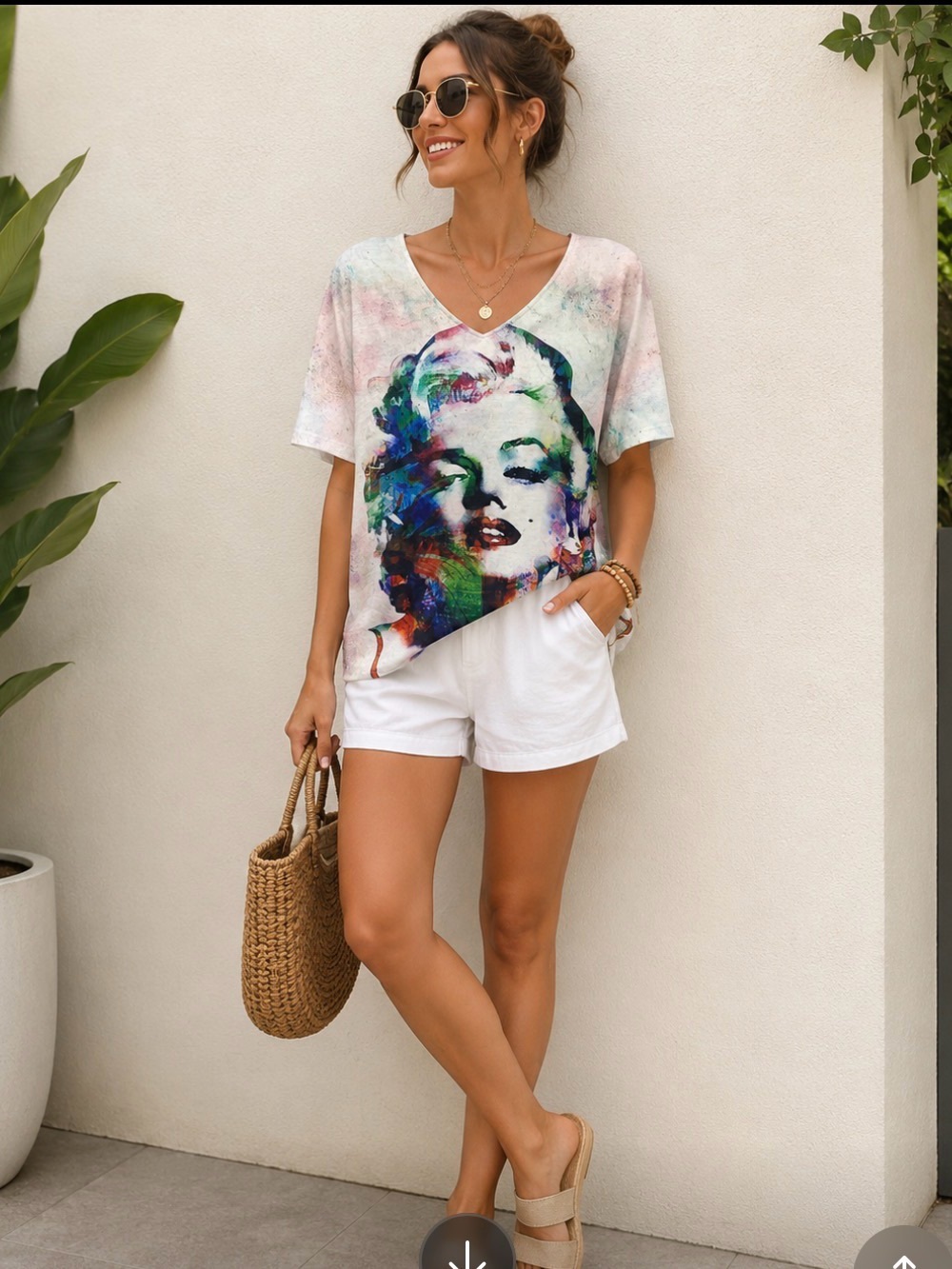 Women’s White V-Neck Pop Art Marilyn Graphic Tee
